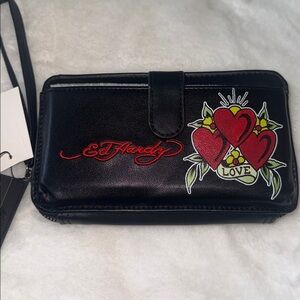Ed Hardy Black Vegan Leather Wallet Hearts Love Tattoo Zip Around Wristlet